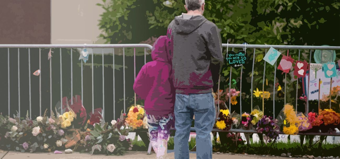 Visitors view items left by well-wishers along the fence at the Tree of Life synagogue in Pittsburgh on the first anniversary of the attack there, Oct. 27, 2019. by the Forward
			