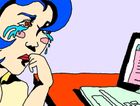 Illustration of a woman crying at her computer. by the Forward
			