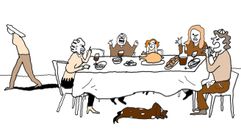 Drawing of a family arguing over dinner. by the Forward
			