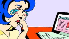 Illustration of a woman crying at her computer. by the Forward
			
