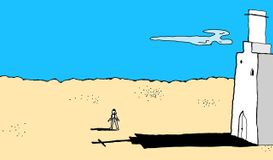 Cartoon of man in tallit standing outside a church. by the Forward
			