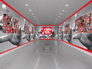 This is the exhibition entryway at the Barbara Kruger exhibit at the Art Institute of Chicago. A sign at the end of a corridor reads, "I shop; I am." by the Forward 