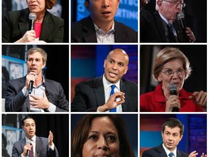 Democratic candidates Amy Klobuchar, Andrew Yang, Bernie Sanders, Beto O'Rourke, Cory Booker, Elizabeth Warren, Julian Castro, Kamala Harris and Pete Buttigieg. by the Forward
			