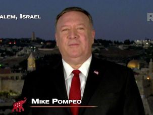 In this screenshot from the RNC’s livestream of the 2020 Republican National Convention, U.S. Secretary of State Mike Pompeo addresses the virtual convention in a pre-recorded video from Jerusalem, Israel, on August 25, 2020. by the Forward
			
