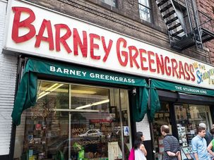 Storefront and sign for Barney Greengrass, a traditional Jewish-style delicatessen originally founded in 1908, on the Upper West Side of Manhattan by the Forward