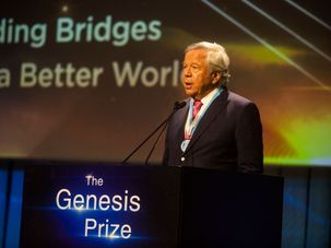 Robert Kraft gives a speech on stage during the Genesis Prize ceremony at The Jerusalem Theater on June 20, 2019 in Jerusalem, Israel. by the Forward
			