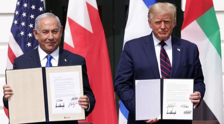 Israel Prime Minister Benjamin Netanyahu and U.S. President Donald Trump participate in the signing ceremony of the Abraham Accords on the South Lawn of the White House in Washington, D.C., Sept. 15, 2020.