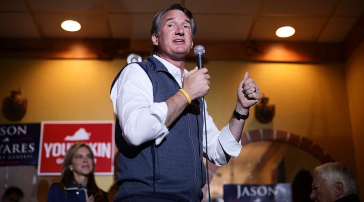 Virginia Republican gubernatorial candidate Glenn Youngkin gives remarks at a restaurant for a campaign stop in Charlottesville, Virginia, Oct. 29, 2021. (Anna Moneymaker/Getty Images)