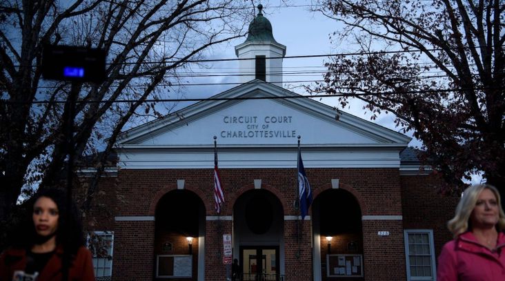 Reporters wait outside the Charlottesville Circuit Court, Nov. 26, 2018. (Brendan Smialowski/AFP via Getty Images)