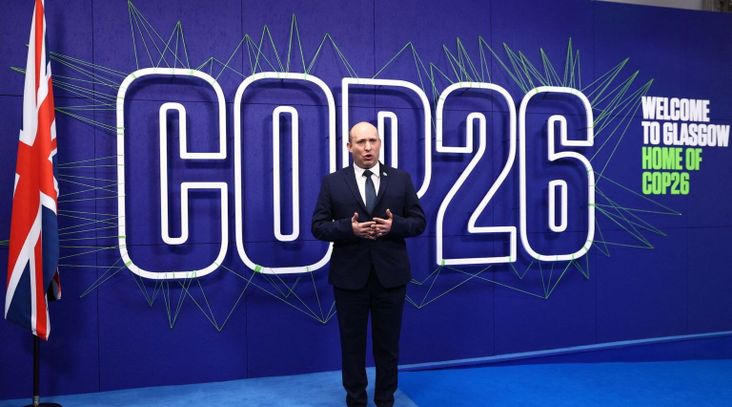 Israeli Prime Minister Naftali Bennett arrives at the COP26 Climate Summit in Glasgow, Scotland, Nov. 1, 2021. (Adrian Dennis/Pool/AFP via Getty Images)
