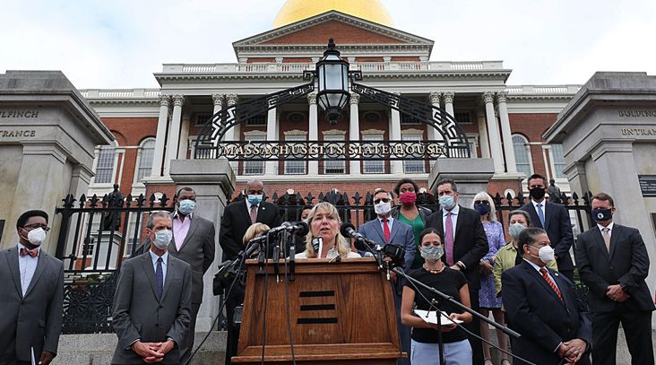 Massachusetts state Senate President Karen E. Spilka speaks on the steps of the State House in Boston on July 6, 2020. Spilka, who is Jewish, backed the Nov. 24, 2021, passage of a bill mandating genocide education in the state. (Suzanne Kreiter/The Boston Globe via Getty Images)