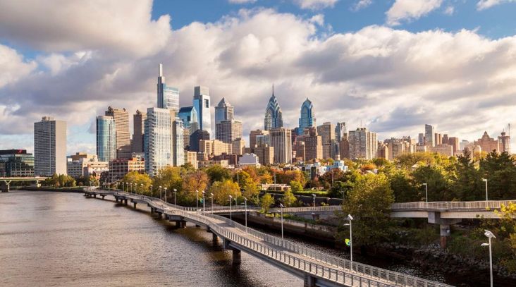 Skyline in autumn behind the Schuylkill River Boardwalk at Sunset, Philadelphia, Pennsylvania. (Jumping Rocks/UCG/Universal Images Group via Getty Images)