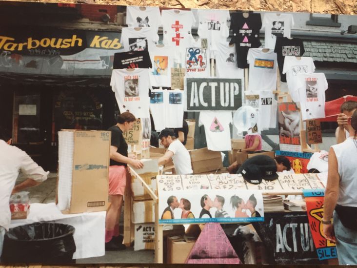 ACT UP member Charles Hovland selling t-shirts at Gay Pride, 1992.