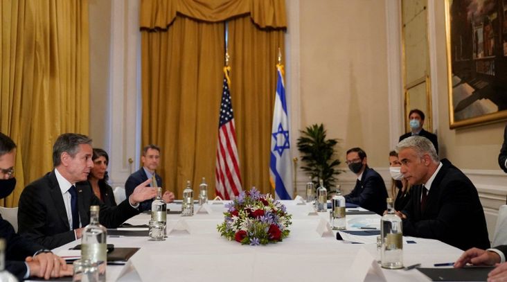 U.S. Secretary of State Antony Blinken, second from left, meets Israeli Foreign Minister Yair Lapid, right, in Rome, June 27, 2021. (Andrew Harnik/Pool/AFP via Getty Images)