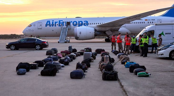 Afghan refugees' luggage sits at the Torrejon de Ardoz air base in Madrid, Spain, Aug. 24, 2021.