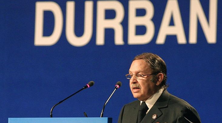 Then-Algerian President Abdelazizz Bouteflika addresses the plenary session of the United Nations' Durban Conference in Durban, South Africa, Sept. 1, 2001.