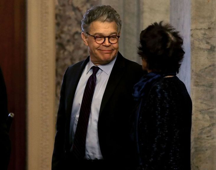 Sen. Al Franken (D-MN) looks at his wife Franni Bryson before walking to the Senate chamber to announce his resignation, December 7, 2017.