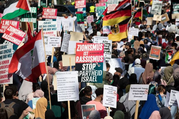 Protesters take part in the annual Al-Quds march on June 1, 2019 in Berlin, Germany.