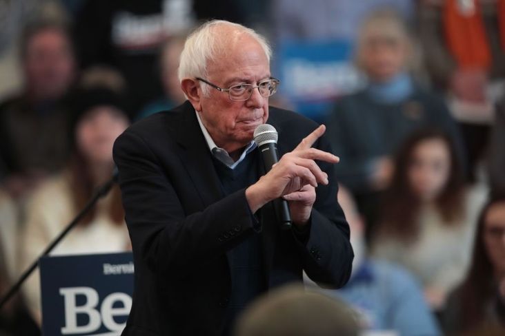 Democratic presidential candidate Sen. Bernie Sanders speaks to guests during a campaign stop at Berg Middle School on January 11, 2020 in Newton, Iowa.