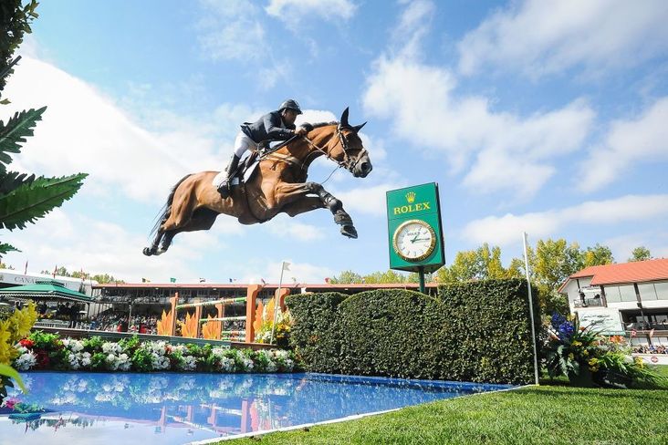 Daniel Bluman of Israel riding Ladriano Z competes in the individual jumping equestrian final of the 2018 Masters tournament.