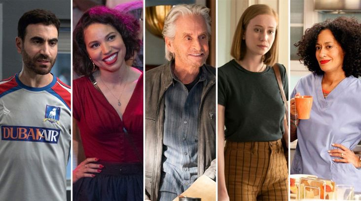 From left: Brett Goldstein, Jurnee Smollett, Michael Douglas, Hannah Einbinder and Tracee Ellis-Ross. (Apple TV, Netflix, HBO)