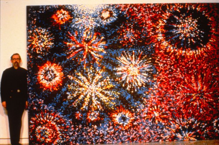 "Genesis, 85-1 (Tikkun) scanamural," by Aribert Munzner, acrylic on canvas. The artist stands to the left for scale.