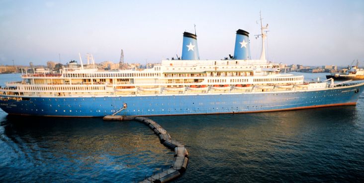 Italian cruise ship Achille Lauro is docked on October 10, 1985 in Port Said harbor after Egyptian authorities stopped it from sailing to the Israeli port of Ashdod.