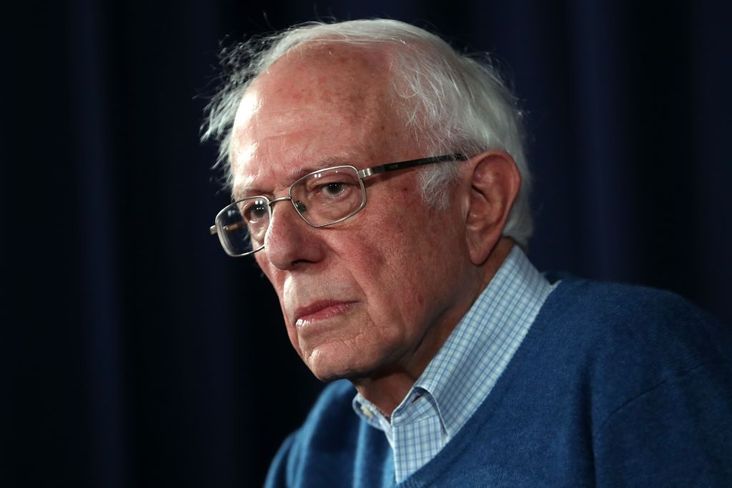 Democratic presidential candidate Sen. Bernie Sanders looks on during a press conference at his New Hampshire campaign headquarters on February 6, 2020 in Manchester, New Hampshire.
