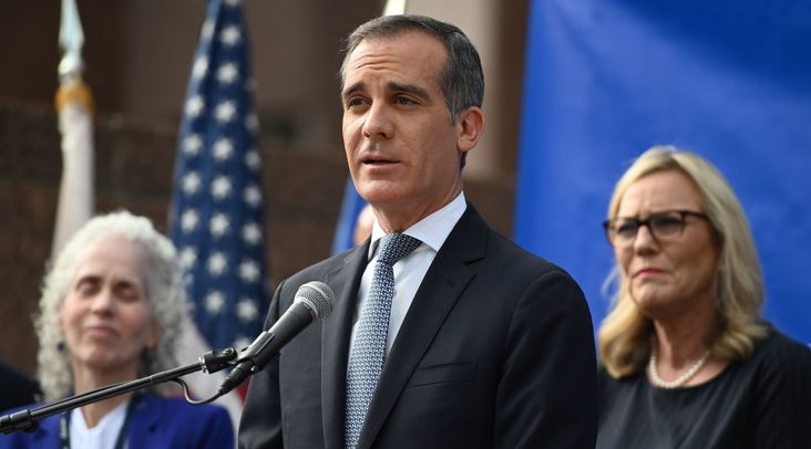Los Angeles Mayor Eric Garcetti speaks during a press conference on the coronavirus, March 4, 2020 in Los Angeles.