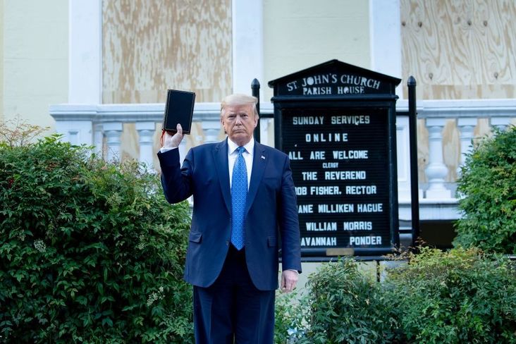 President Donald Trump holds a Bible while visiting St. John's Church across from the White House after the area was cleared of people protesting the death of George Floyd June 1, 2020, in Washington, DC.