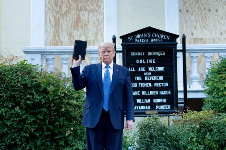 Donald Trump posing with a Bible in front of St. John's Church on June 1, 2020.