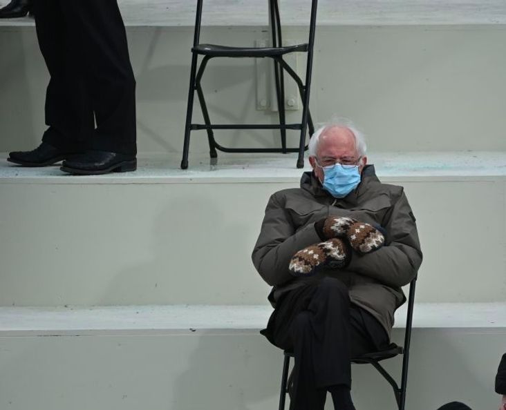 The now-famous picture of Bernie Sanders at the 2021 inauguration.