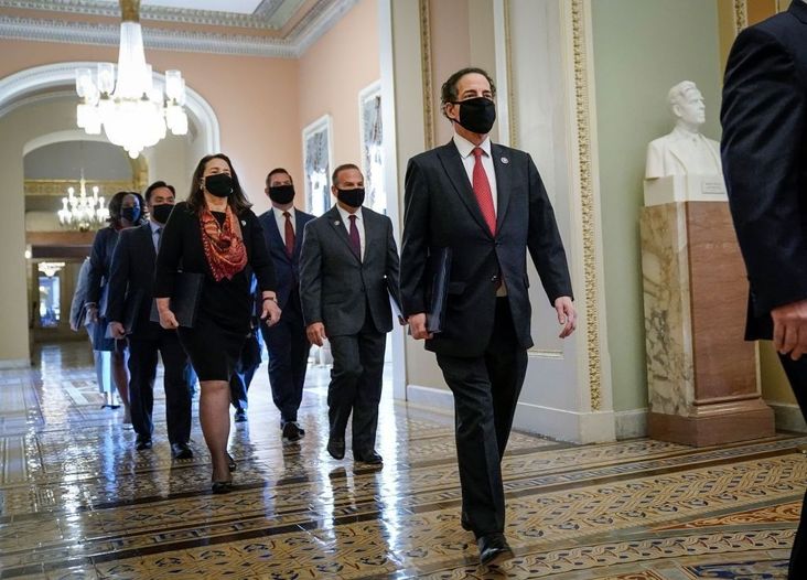 Jamie Raskin leads the team of House Managers before Wednesday's session of the impeachment trial.