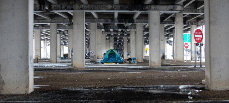 A homeless camp under a bridge on I-35 in Austin, Texas on February 17, 2021.