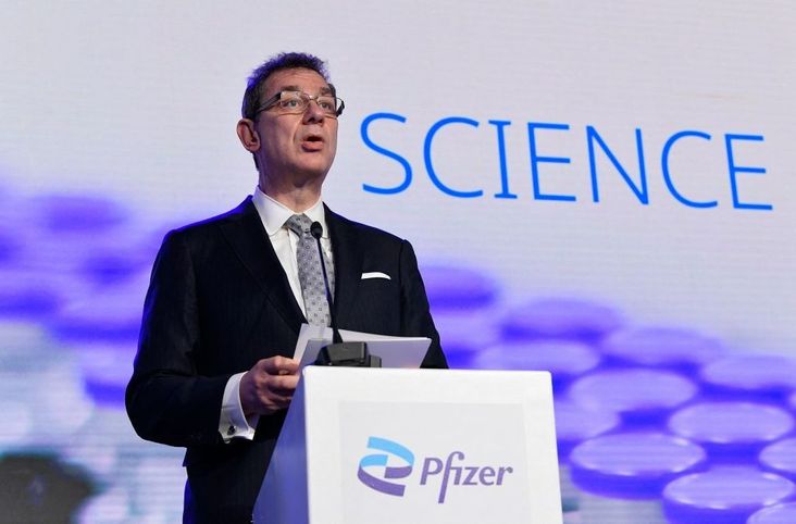 Pfizer CEO Albert Bourla talks during a press conference in April, 2021.