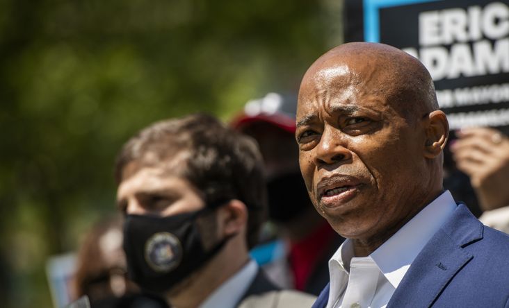 Eric Adams, president of the Brooklyn Borough and mayoral candidate for New York City, speaks during a news conference in Cadman Plaza Park in the Brooklyn borough of New York, U.S., on Tuesday, May 11, 2021.