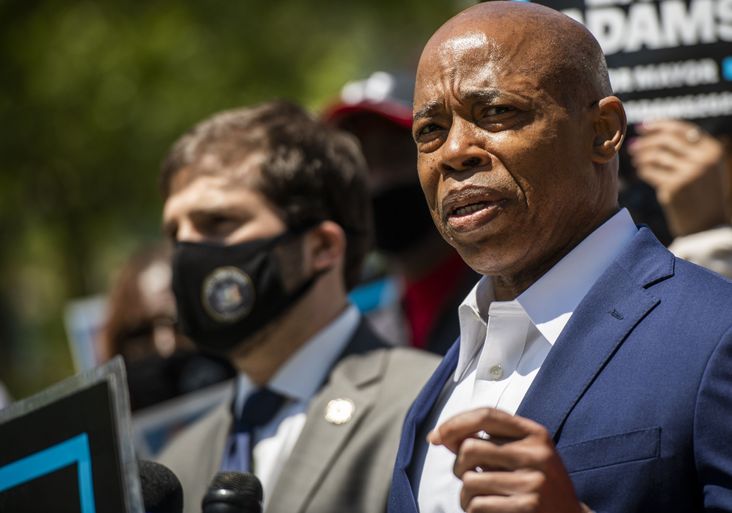 Eric Adams, president of the Brooklyn Borough and mayoral candidate for New York City, speaks during a news conference in Cadman Plaza Park in the Brooklyn borough of New York, U.S., on Tuesday, May 11, 2021.