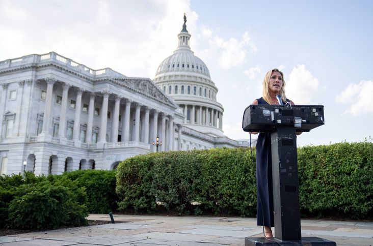 U.S. Rep. Marjorie Taylor Greene (R-GA) speaks at a news conference after visiting the Holocaust Museum, outside the U.S. Capitol on June 14, 2021.