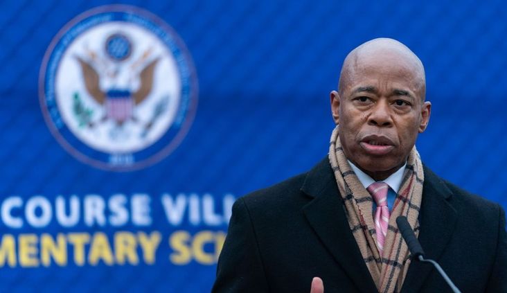 Eric Adams, mayor of New York, speaks during a news conference on the first day of students returning from winter recess at a public elementary school in the Bronx borough of New York, U.S., on Monday, Jan. 3, 2022.