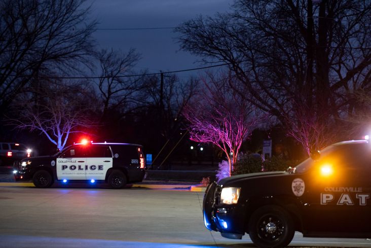 COLLEYVILLE, TX - JANUARY 15: Police cars remain parked at Good Shepherd Catholic Community church on January 15, 2022 in Colleyville, Texas. Police responded to the situation after reports of a man with a gun was holding hostages at the synagogue. (Photo by Emil Lippe/Getty Images)