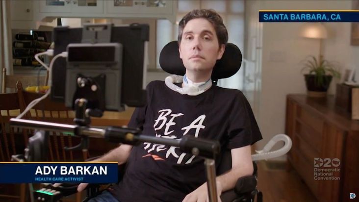 In this screenshot from the DNCC’s livestream of the 2020 Democratic National Convention, healthcare activist Ady Barkan addresses the virtual convention on August 18, 2020.