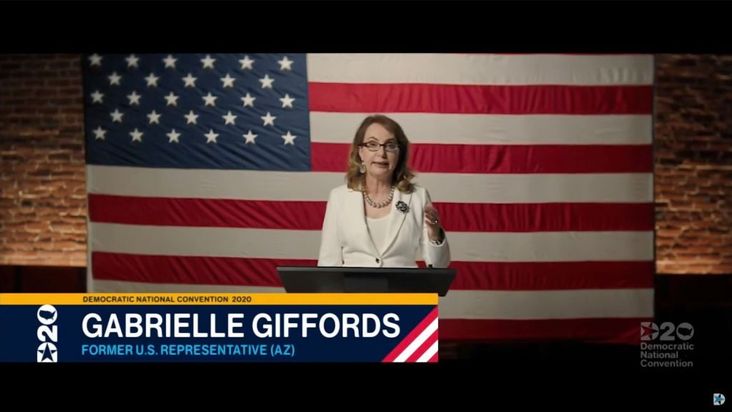 In this screenshot from the DNCC’s livestream of the 2020 Democratic National Convention, former U.S. Rep. Gabrielle Giffords addresses the virtual convention on August 19, 2020.
