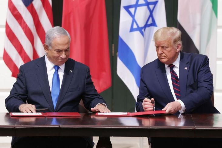 Benjamin Netanyahu and Donald Trump at the signing ceremony for the Abraham Accords in 2020.