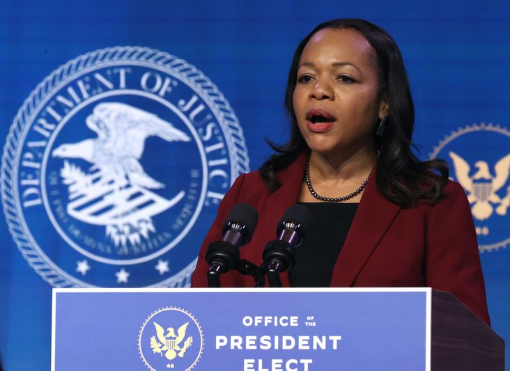 Kristen Clarke delivers remarks after being nominated to be civil rights division assistant attorney general by President-elect Joe Biden at The Queen theater January 07, 2021 in Wilmington, Delaware.