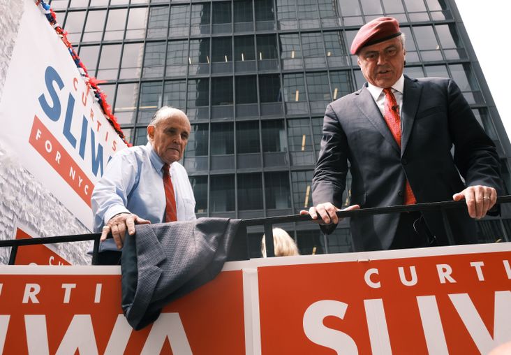 Former New York City Mayor Rudy Giuliani makes an appearance in support of fellow Republican Curtis Sliwa who is running for NYC mayor on June 21, 2021 in New York City.