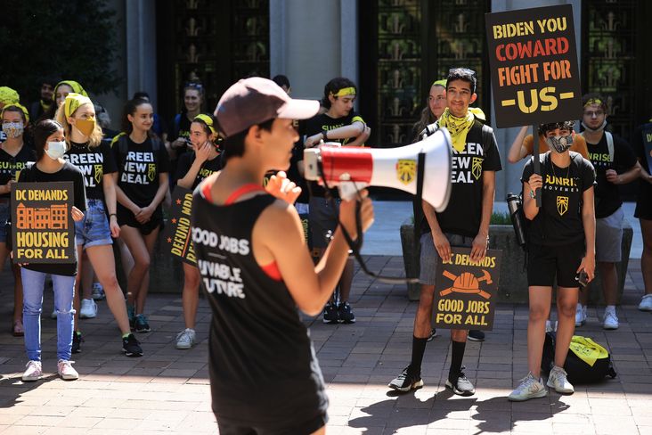 WASHINGTON, DC - JUNE 28: Hundreds of young climate activists prepare to march from John Marshall Park to the White House to demand that President Joe Biden work to make the Green New Deal into law on June 28, 2021 in Washington, DC. Organized by the Sunrise Movement, the 'No Climate, No Deal' marchers demanded a meeting with Biden to insist on an 'infrastructure package that truly invests in job creation and acts to combat the climate crisis.' (Photo by Chip Somodevilla/Getty Images)