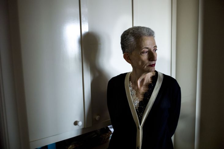 A portrait of the author Hélène Cixous looking particularly serious and contemplative