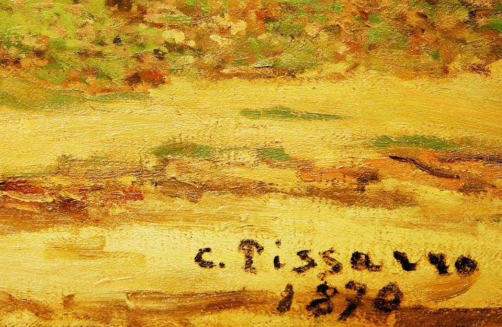 The signature of Impressionist Camille Pissarro appears on "Landscape in the vicinity of Louveciennes