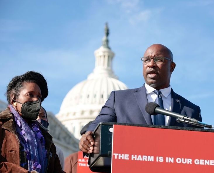 Rep. Jamaal Bowman (D-NY) speaks at a press conference on H.R. 40 legislation as Rep. Sheila Jackson Lee (D-TX) looks on on Capitol Hill on November 16, 2021 in Washington, DC.