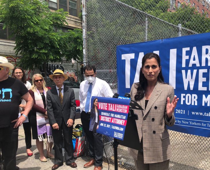 Tali Farhadian Weinstein, candidate for Manhattan district attorney, stands with faith leaders, community leaders and advocates to rally against Antisemitism and Anti-Asian hate on the Lower East Side.